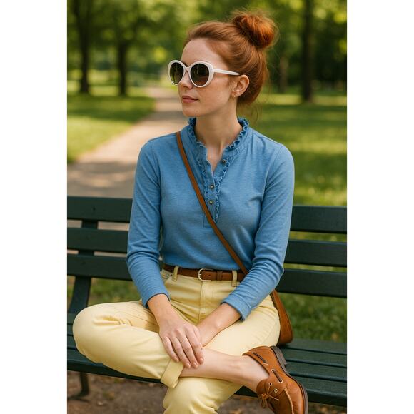 Brooks Brothers Supima Cotton Ruffle Henley Long Sleeve Top Blue Size Large - Picture 12 of 14